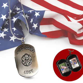 Sterling silver necklace with a U.S. flag background, showcasing a locket that can hold a photo, alongside a 20-inch chain.